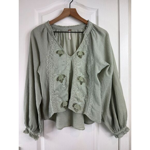 Free People Tops - Free People Women's Sivan Embroidered Blouse Moss Green Long Sleeve Size XS